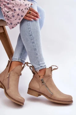 Damskie Skórzane Botki Na Płaskim Obcasie Beżowe Artemis