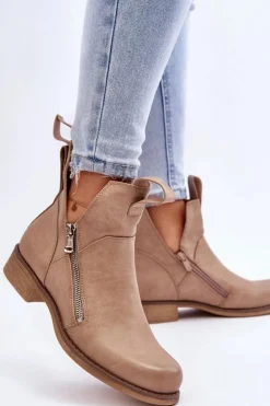 Damskie Skórzane Botki Na Płaskim Obcasie Beżowe Artemis