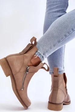 Damskie Skórzane Botki Na Płaskim Obcasie Beżowe Artemis