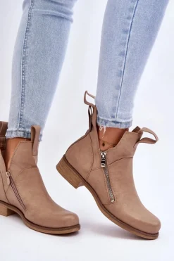 Damskie Skórzane Botki Na Płaskim Obcasie Beżowe Artemis