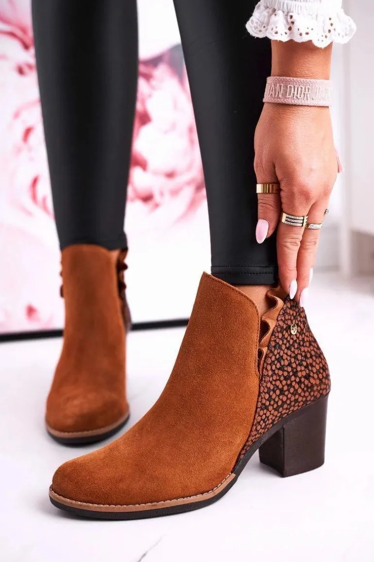 Damskie Skórzane Botki Na Słupku Maciejka Rude 04833-43