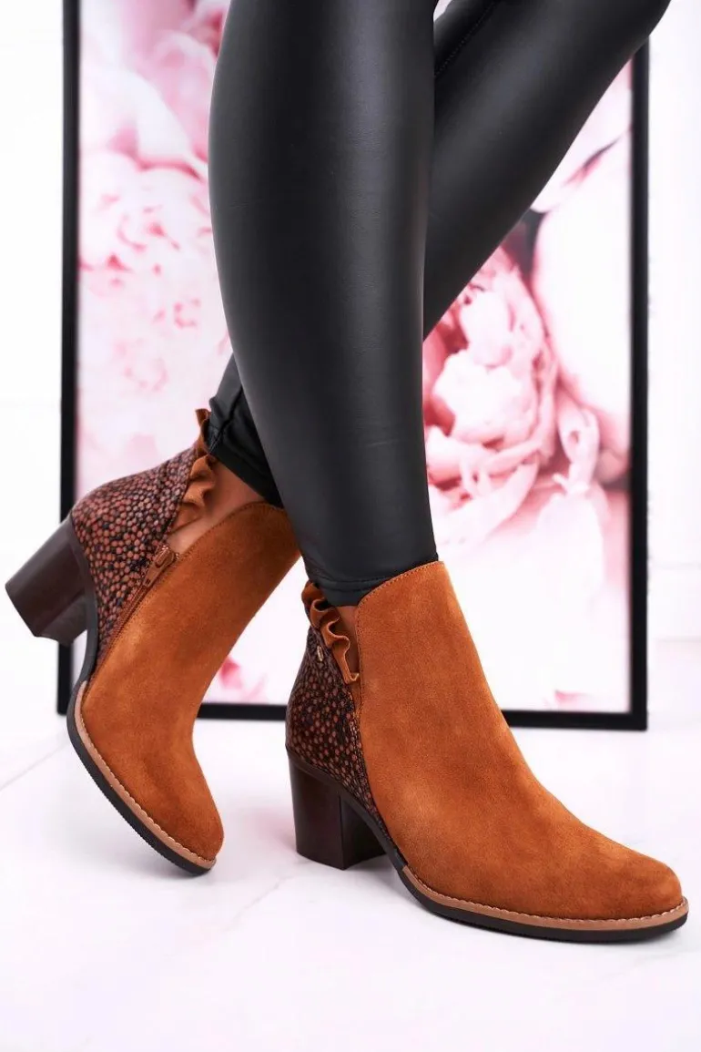 Damskie Skórzane Botki Na Słupku Maciejka Rude 04833-43