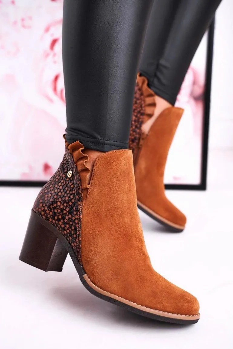 Damskie Skórzane Botki Na Słupku Maciejka Rude 04833-43