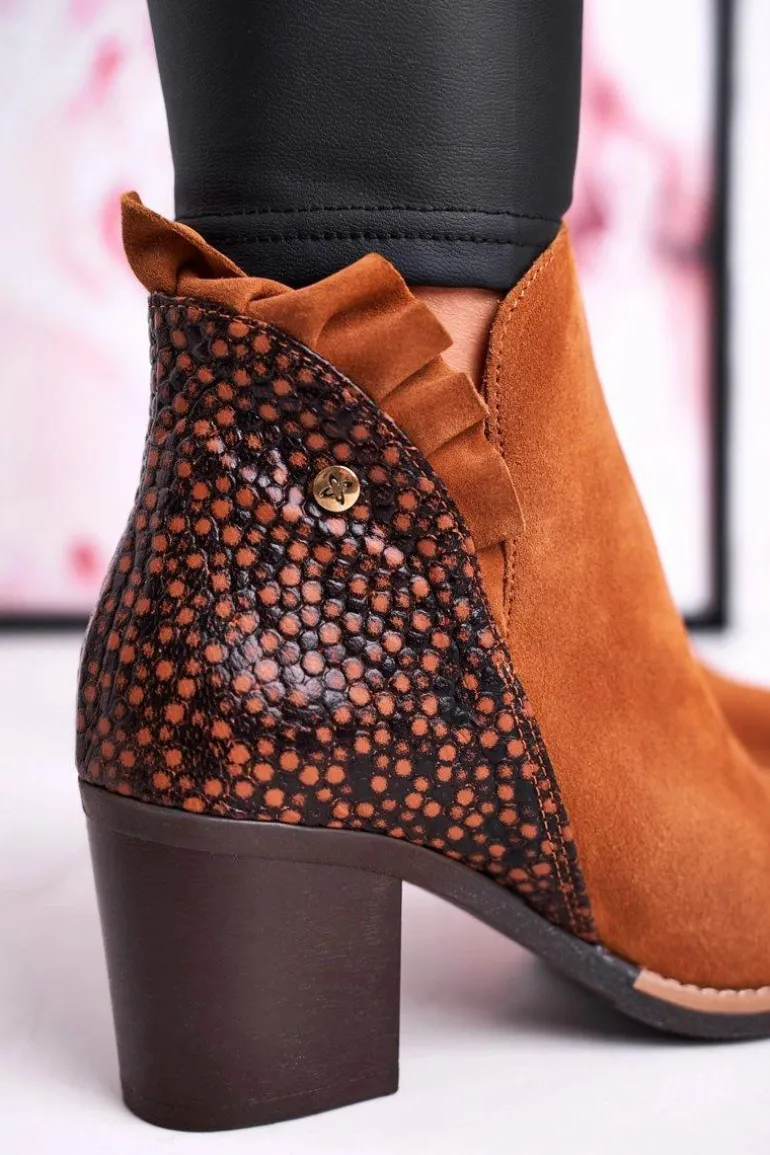Damskie Skórzane Botki Na Słupku Maciejka Rude 04833-43