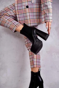 Damskie Skórzane Botki Na Masywnym Obcasie Czarne Jones