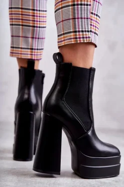 Damskie Skórzane Botki Na Masywnym Obcasie Czarne Jones