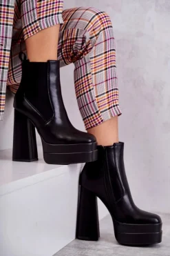 Damskie Skórzane Botki Na Masywnym Obcasie Czarne Jones