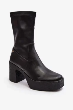 Damskie Skórzane Botki Na Słupku GOE MM2N4047 Czarne