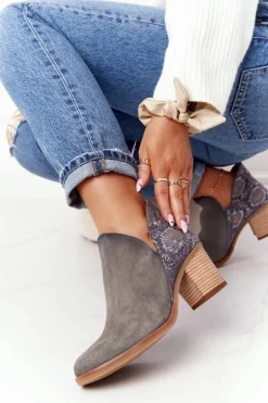 Damskie Skórzane Botki Na Słupku Maciejka Popielate 04492