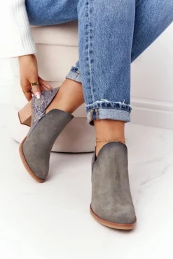 Damskie Skórzane Botki Na Słupku Maciejka Popielate 04492