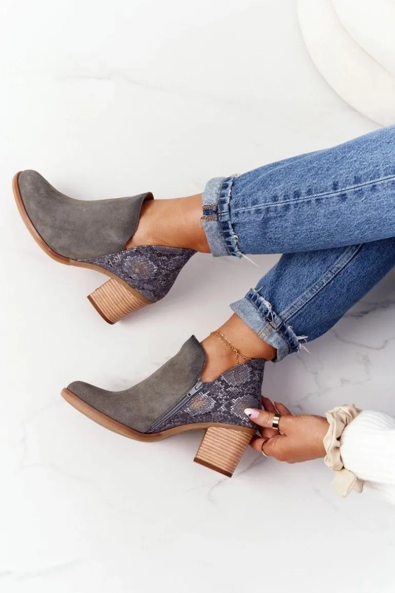 Damskie Skórzane Botki Na Słupku Maciejka Popielate 04492