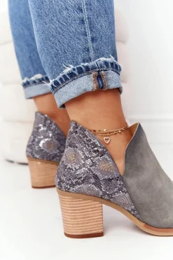 Damskie Skórzane Botki Na Słupku Maciejka Popielate 04492