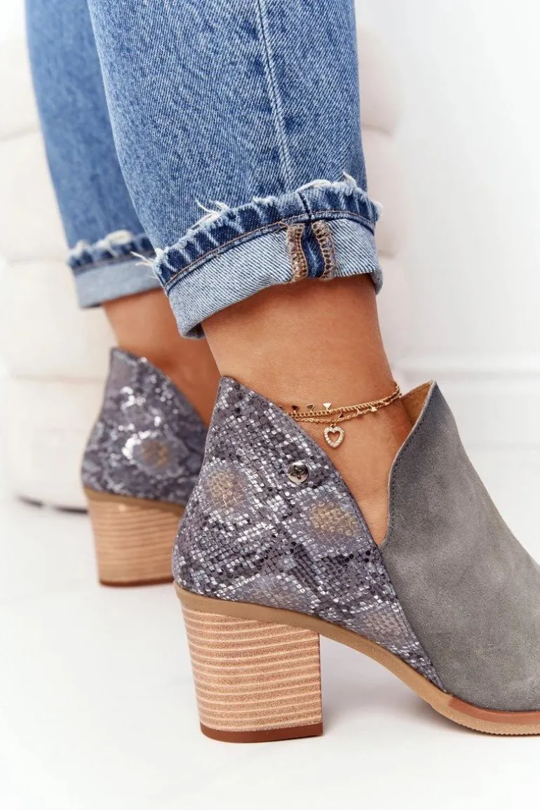 Damskie Skórzane Botki Na Słupku Maciejka Popielate 04492