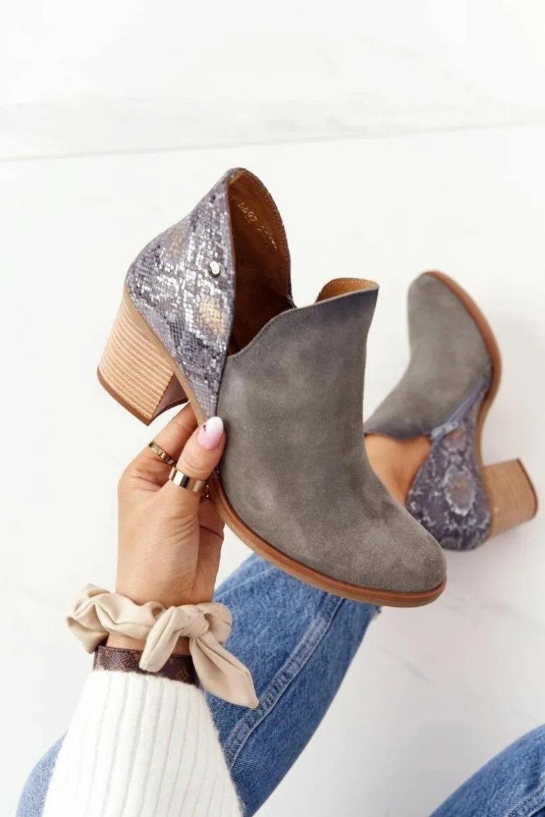 Damskie Skórzane Botki Na Słupku Maciejka Popielate 04492