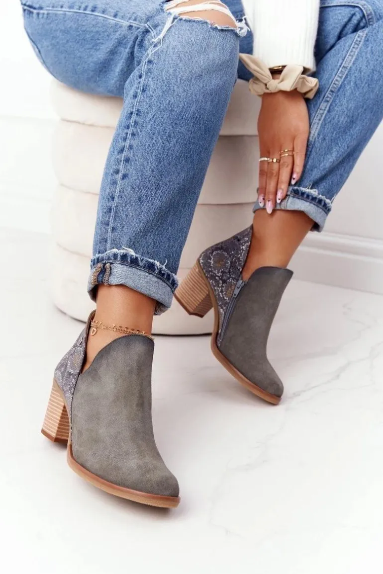 Damskie Skórzane Botki Na Słupku Maciejka Popielate 04492