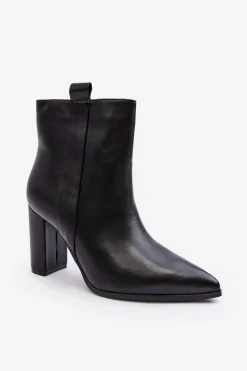 Damskie Skórzane Botki Na Słupku Czarne Vevine