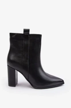 Damskie Skórzane Botki Na Słupku Czarne Vevine