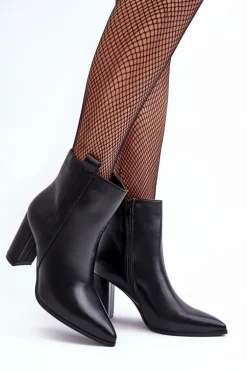 Damskie Skórzane Botki Na Słupku Czarne Vevine