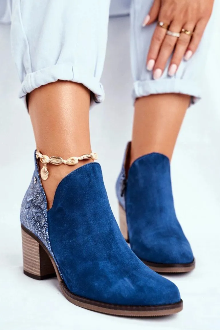 Damskie Skórzane Botki Na Słupku Maciejka Granatowe 04492-17