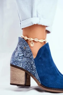 Damskie Skórzane Botki Na Słupku Maciejka Granatowe 04492-17