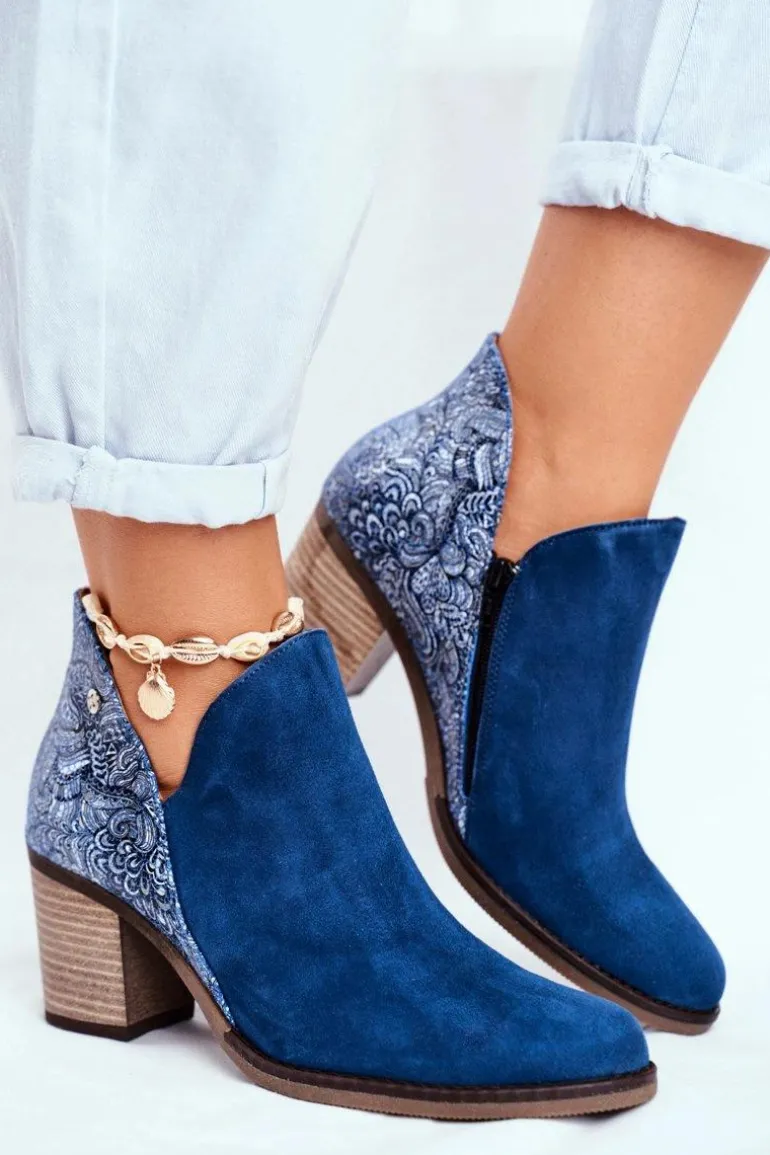 Damskie Skórzane Botki Na Słupku Maciejka Granatowe 04492-17