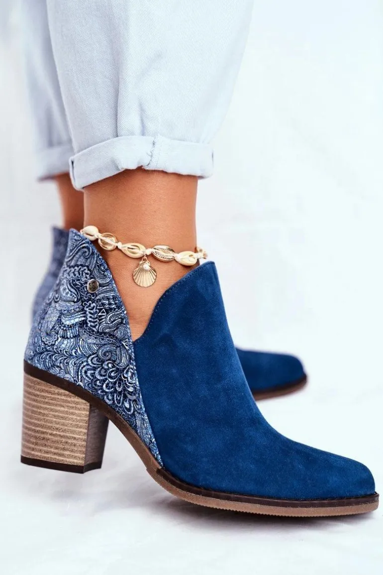 Damskie Skórzane Botki Na Słupku Maciejka Granatowe 04492-17