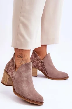 Damskie Skórzane Botki Na Słupku Maciejka 04492-14 Ciemnobeżowe