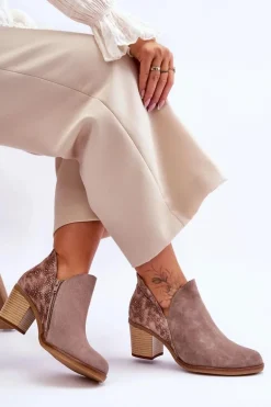 Damskie Skórzane Botki Na Słupku Maciejka 04492-14 Ciemnobeżowe