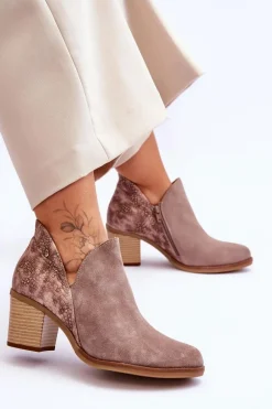 Damskie Skórzane Botki Na Słupku Maciejka 04492-14 Ciemnobeżowe