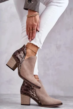 Damskie Skórzane Botki Na Słupku Maciejka Beżowe 04492-43