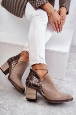 Damskie Skórzane Botki Na Słupku Maciejka Beżowe 04492-43