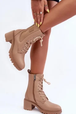 Damskie Skórzane Botki Na Obcasie Beżowe Esnar