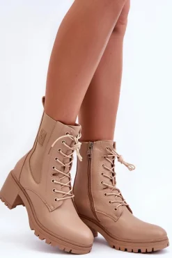 Damskie Skórzane Botki Na Obcasie Beżowe Esnar