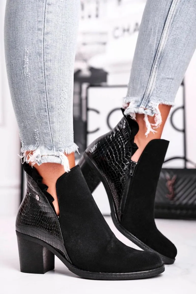 Damskie Skórzane Botki Na Słupku Maciejka Czarne 04833-01