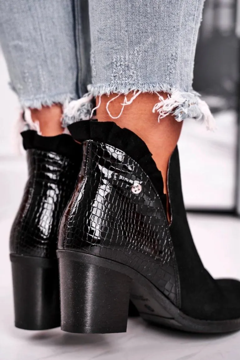 Damskie Skórzane Botki Na Słupku Maciejka Czarne 04833-01