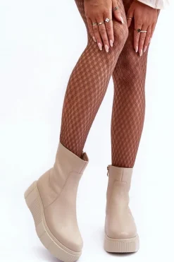 Damskie Skórzane Botki Na Platformie Beżowe Lemar Jenefer