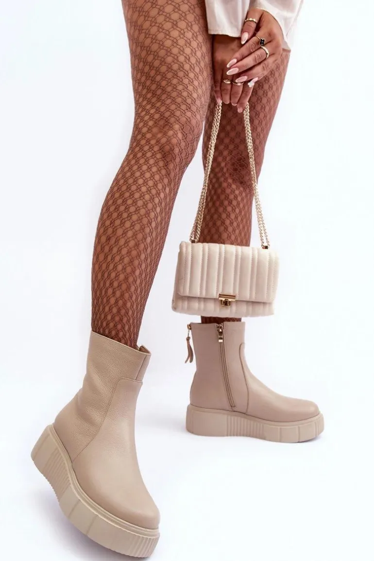 Damskie Skórzane Botki Na Platformie Beżowe Lemar Jenefer