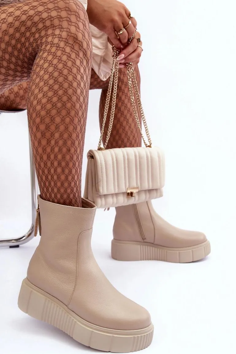 Damskie Skórzane Botki Na Platformie Beżowe Lemar Jenefer