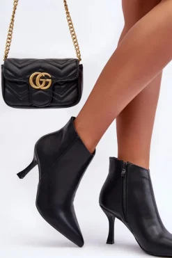 Damskie Skórzane Botki Na Szpilce Czarne Merisa