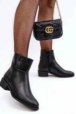 Damskie Skórzane Botki Na Suwak Czarne Semotti