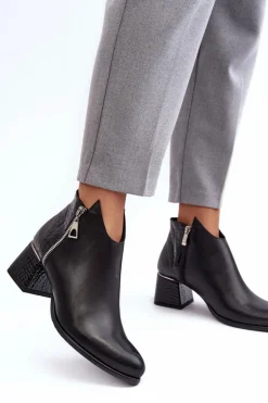 Damskie Skórzane Botki Na Niskim Słupku Zazoo 4111 Czarne