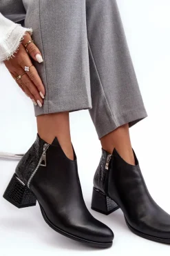 Damskie Skórzane Botki Na Niskim Słupku Zazoo 4111 Czarne