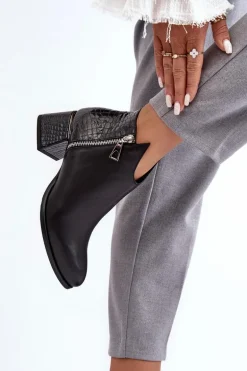 Damskie Skórzane Botki Na Niskim Słupku Zazoo 4111 Czarne