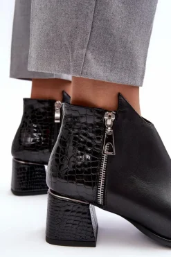Damskie Skórzane Botki Na Niskim Słupku Zazoo 4111 Czarne