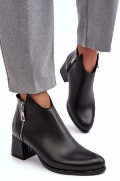 Damskie Skórzane Botki Na Niskim Słupku Zazoo 4111 Czarne