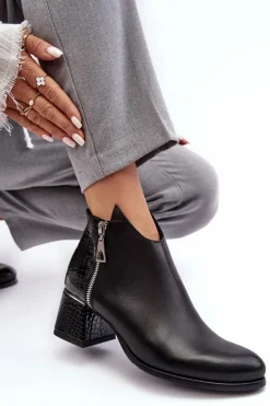 Damskie Skórzane Botki Na Niskim Słupku Zazoo 4111 Czarne