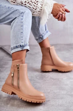 Damskie Skórzane Botki Na Suwak Beżowe Navarra