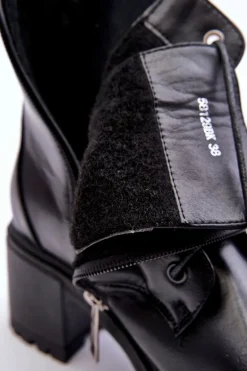 Damskie Skórzane Botki Na Obcasie Czarne Esnar