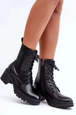 Damskie Skórzane Botki Na Obcasie Czarne Esnar