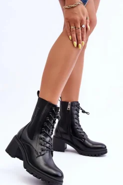 Damskie Skórzane Botki Na Obcasie Czarne Esnar